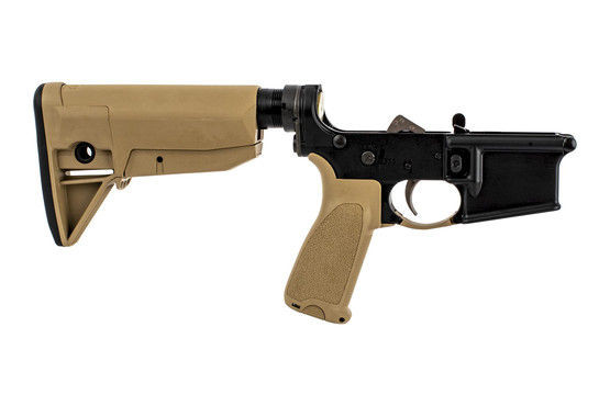 Bravo Company fully assembled AR15 lower receiver with FDE furniture is muli-caliber marked with a PNT trigger